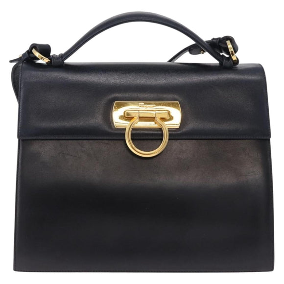 Salvatore Ferragamo Gancini Hand Bag Leather 2way Navy Gold Auth ka5648