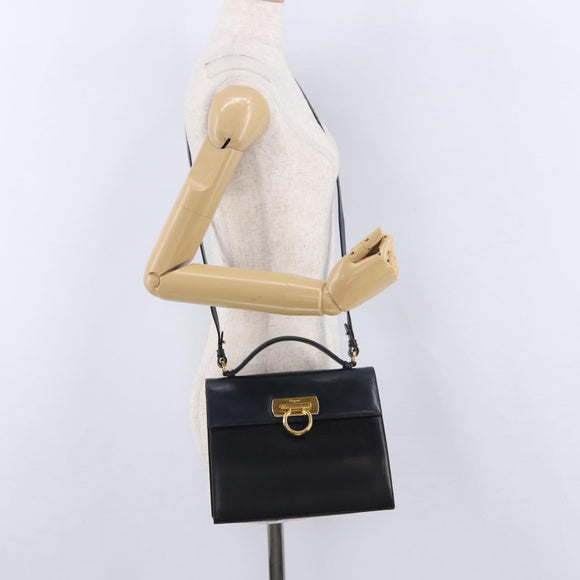 Salvatore Ferragamo Gancini Hand Bag Leather 2way Navy Gold Auth ka5648