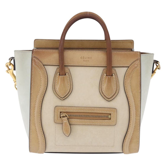 CELINE Luggage Nano Hand Bag Leather Suede 2way Beige Gold Auth ka5649A