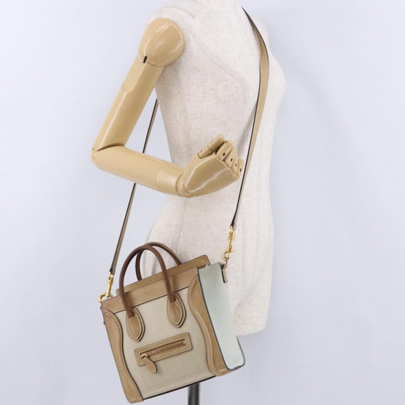 CELINE Luggage Nano Hand Bag Leather Suede 2way Beige Gold Auth ka5649A