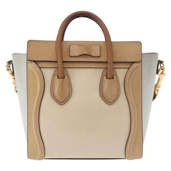 CELINE Luggage Nano Hand Bag Leather Suede 2way Beige Gold Auth ka5649A