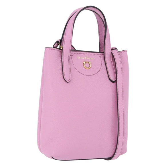 Salvatore Ferragamo Gancini Hand Bag Leather 2way Pink Gold Auth ka5650V