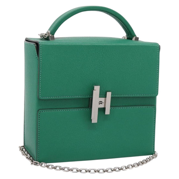 HERMES Synetique Chevre Hand Bag Leather Green Silver Auth ka5671SAM