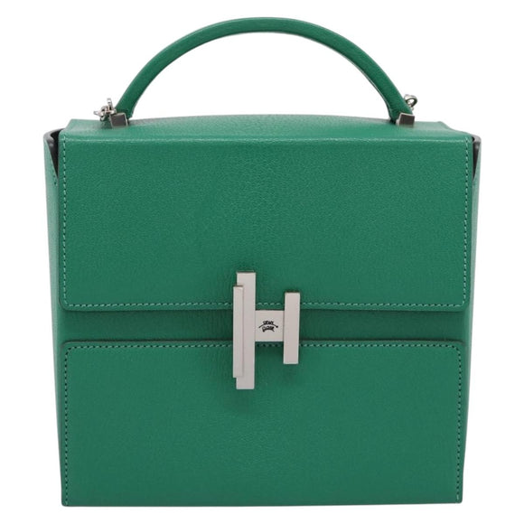 HERMES Synetique Chevre Hand Bag Leather Green Silver Auth ka5671SAM