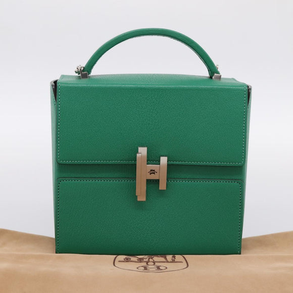 HERMES Synetique Chevre Hand Bag Leather Green Silver Auth ka5671SAM