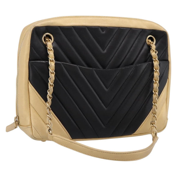 CHANEL V Stitch Chain Shoulder Bag Lamb Skin Beige Gold CC Auth ka5675V