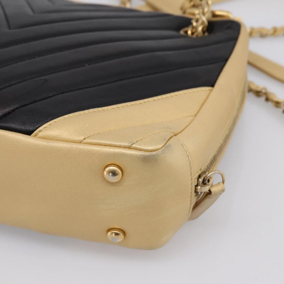 CHANEL V Stitch Chain Shoulder Bag Lamb Skin Beige Gold CC Auth ka5675V