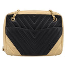 CHANEL V Stitch Chain Shoulder Bag Lamb Skin Beige Gold CC Auth ka5675V-13