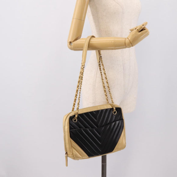 CHANEL V Stitch Chain Shoulder Bag Lamb Skin Beige Gold CC Auth ka5675V