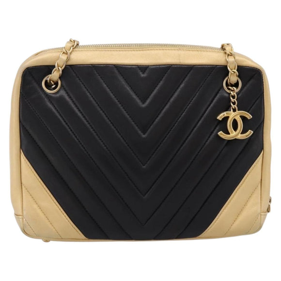 CHANEL V Stitch Chain Shoulder Bag Lamb Skin Beige Gold CC Auth ka5675V