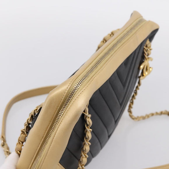CHANEL V Stitch Chain Shoulder Bag Lamb Skin Beige Gold CC Auth ka5675V