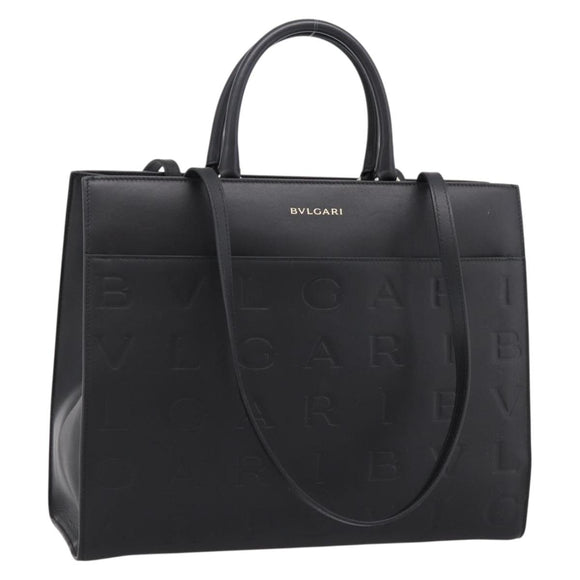BVLGARI Tote Bag Leather 2way Black Gold Auth ka5676V