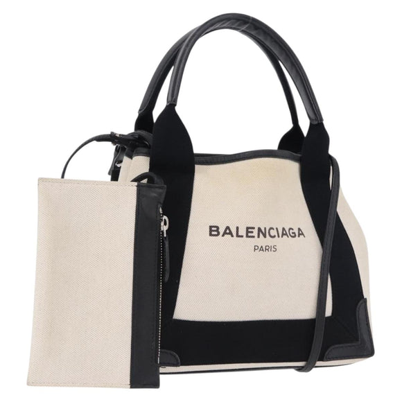 BALENCIAGA Navy Cabas XS Bag Canvas Leather White Navy Silver 390346 Auth ka5679