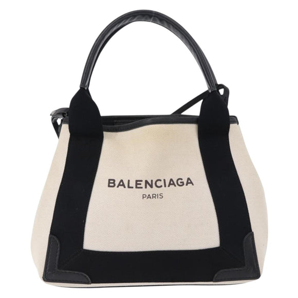 BALENCIAGA Navy Cabas XS Bag Canvas Leather White Navy Silver 390346 Auth ka5679