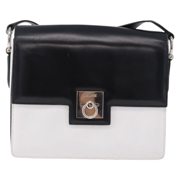 CELINE Shoulder Bag Leather Black White Auth ka5694A