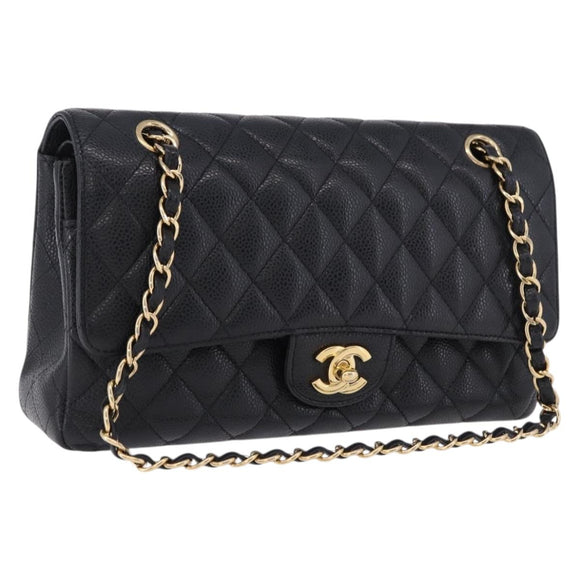 CHANEL Chain Matelasse Shoulder Bag Caviar Skin Black Gold CC Auth ka5697SAM