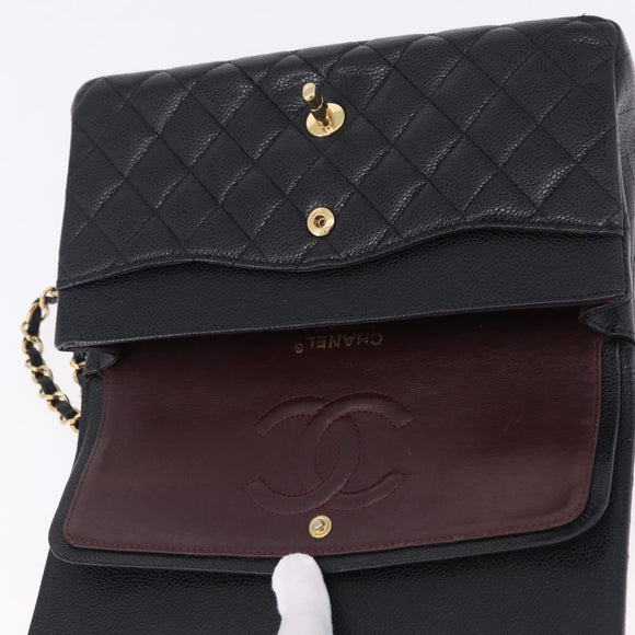 CHANEL Chain Matelasse Shoulder Bag Caviar Skin Black Gold CC Auth ka5697SAM