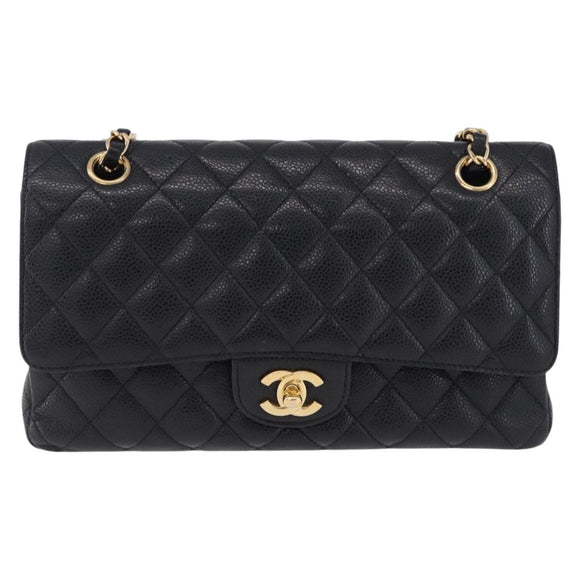 CHANEL Chain Matelasse Shoulder Bag Caviar Skin Black Gold CC Auth ka5697SAM