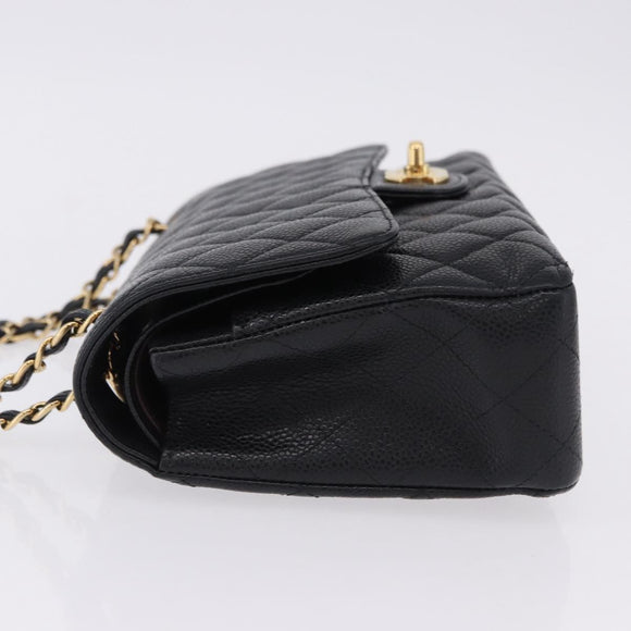 CHANEL Chain Matelasse Shoulder Bag Caviar Skin Black Gold CC Auth ka5697SAM