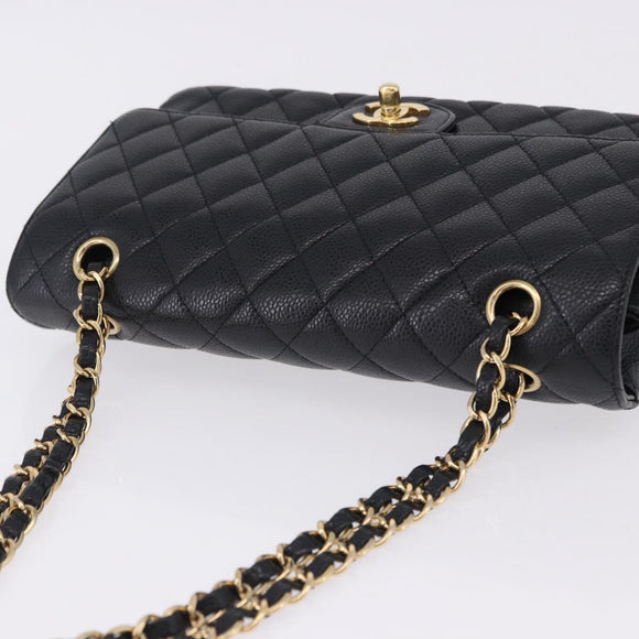 CHANEL Chain Matelasse Shoulder Bag Caviar Skin Black Gold CC Auth ka5697SAM