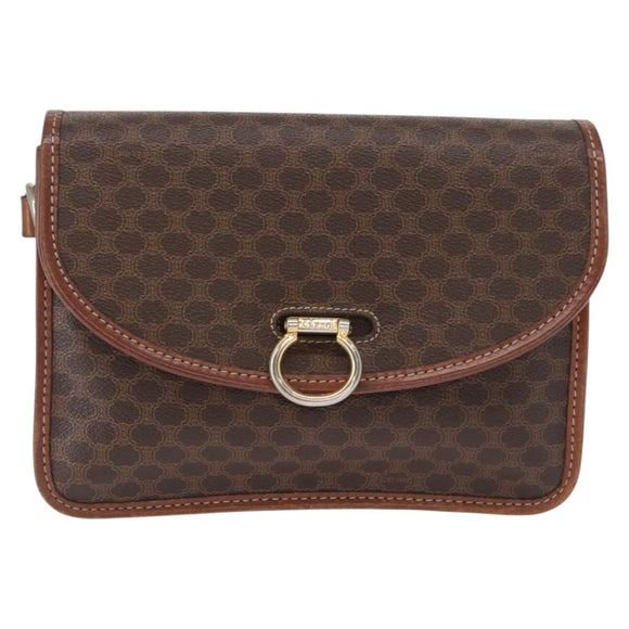 CELINE Macadam Canvas Shoulder Bag PVC Leather Brown Gold Auth ka570