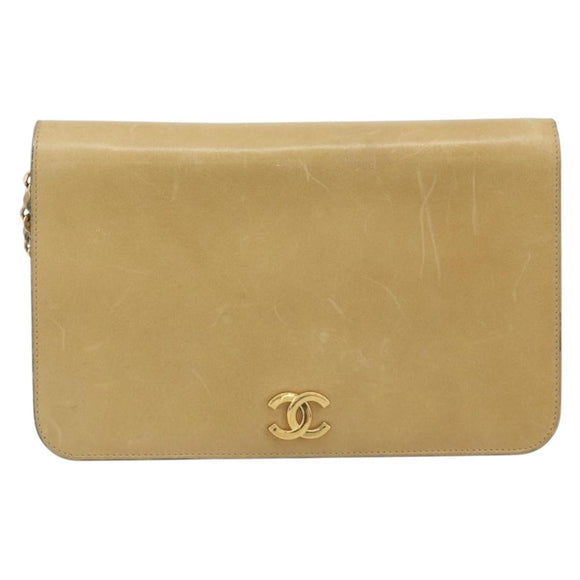 CHANEL Matelasse Chain Shoulder Bag Leather Beige Gold CC Auth ka5721