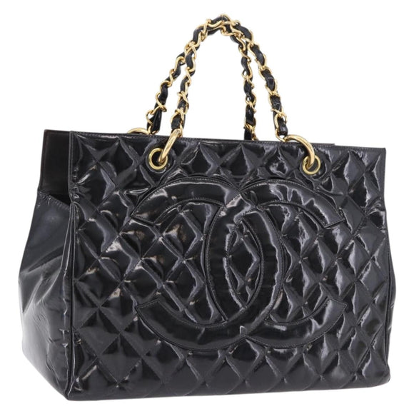 CHANEL Matelasse Chain Hand Bag Patent leather Black Gold CC Auth ka5737