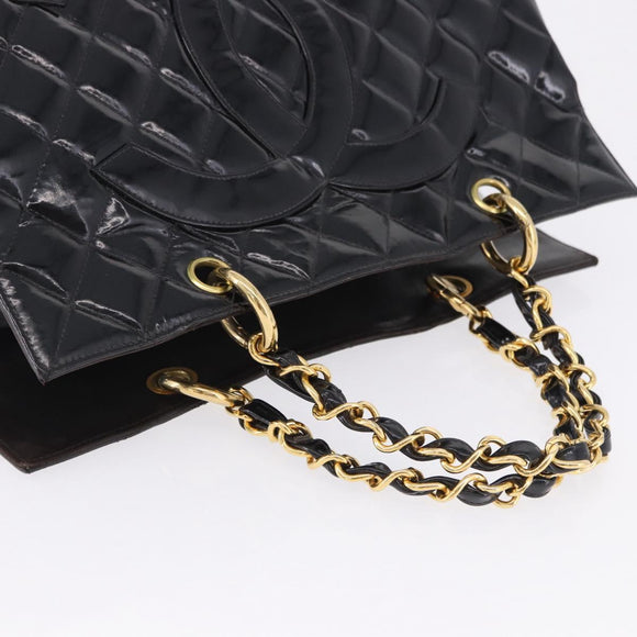 CHANEL Matelasse Chain Hand Bag Patent leather Black Gold CC Auth ka5737