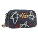 GUCCI GG Marmont Shoulder Bag Leather Navy Gold 447632 Auth ka5749A-1