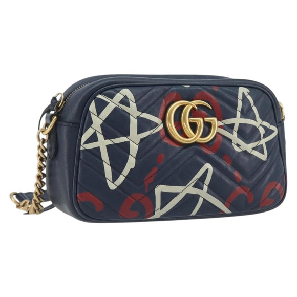 GUCCI GG Marmont Shoulder Bag Leather Navy Gold 447632 Auth ka5749A