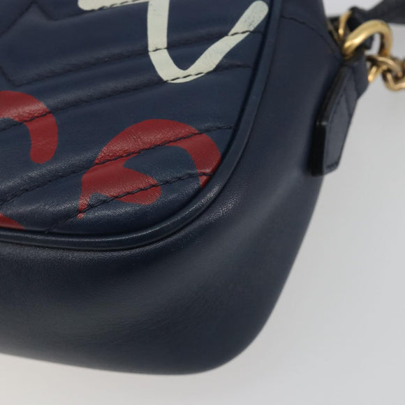 GUCCI GG Marmont Shoulder Bag Leather Navy Gold 447632 Auth ka5749A