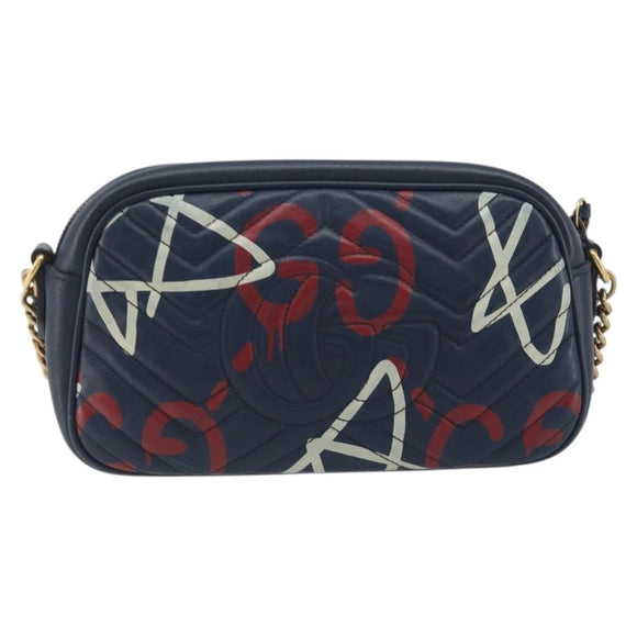 GUCCI GG Marmont Shoulder Bag Leather Navy Gold 447632 Auth ka5749A