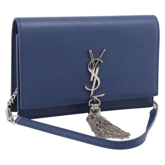 SAINT LAURENT Kate Chain Shoulder Wallet Leather Navy Silver Auth ka5752V