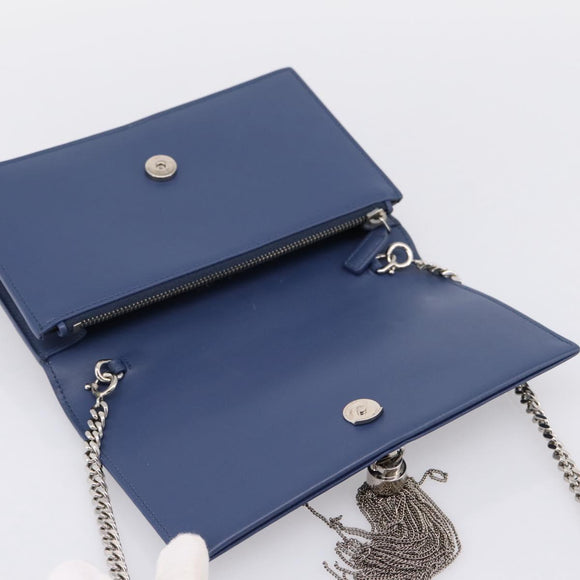 SAINT LAURENT Kate Chain Shoulder Wallet Leather Navy Silver Auth ka5752V