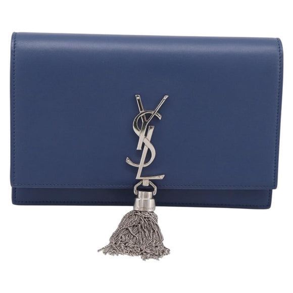 SAINT LAURENT Kate Chain Shoulder Wallet Leather Navy Silver Auth ka5752V