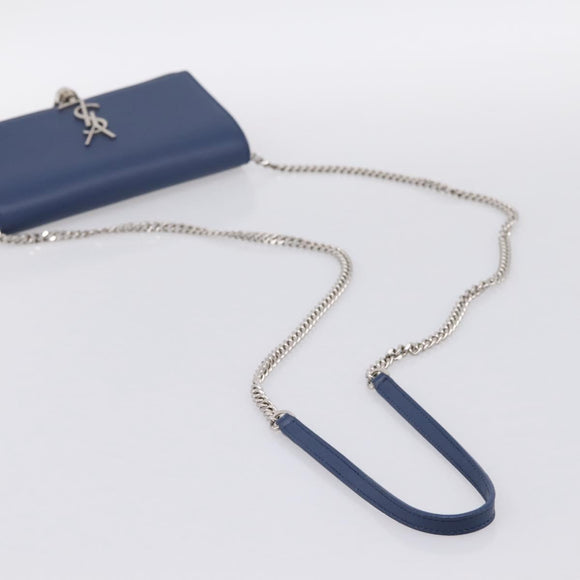 SAINT LAURENT Kate Chain Shoulder Wallet Leather Navy Silver Auth ka5752V