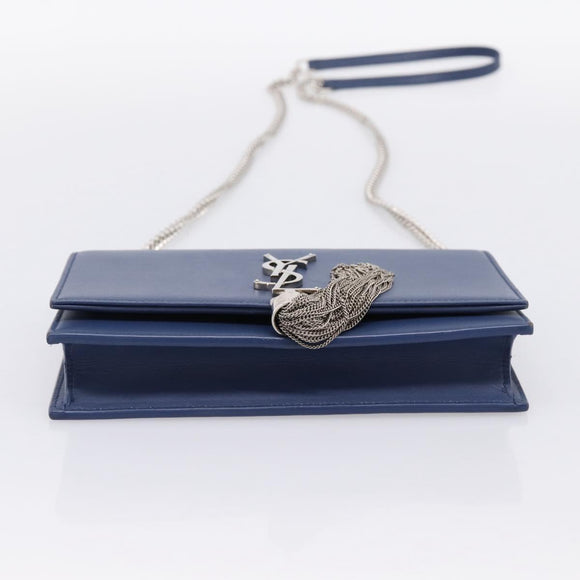 SAINT LAURENT Kate Chain Shoulder Wallet Leather Navy Silver Auth ka5752V