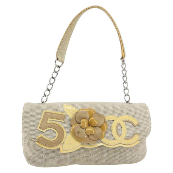 CHANEL No. 5 Camellia COCO Mark Chain Bag Canvas Beige Silver CC Auth ka5765A