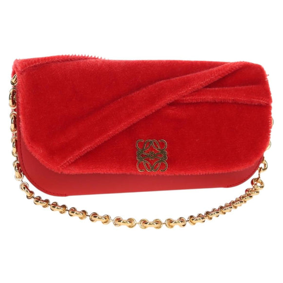LOEWE Chain Goya Shoulder Bag Leather Red Gold Auth ka576M
