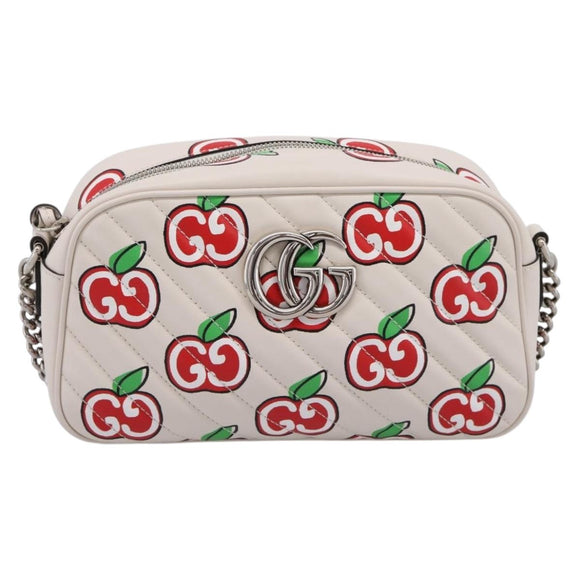 GUCCI GG Marmont Apple Shoulder Bag Leather White Silver 447632 Auth ka5779M