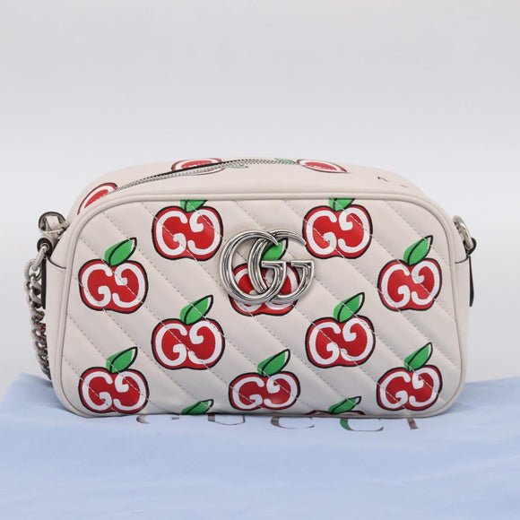 GUCCI GG Marmont Apple Shoulder Bag Leather White Silver 447632 Auth ka5779M