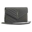 SAINT LAURENT Cassandra Chain Shoulder Wallet Leather Gray Silver Auth ka5813V-1
