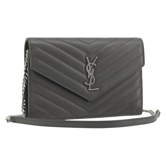 SAINT LAURENT Cassandra Chain Shoulder Wallet Leather Gray Silver Auth ka5813V