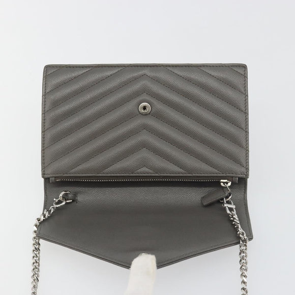 SAINT LAURENT Cassandra Chain Shoulder Wallet Leather Gray Silver Auth ka5813V