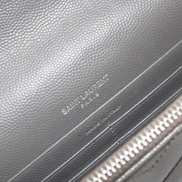 SAINT LAURENT Cassandra Chain Shoulder Wallet Leather Gray Silver Auth ka5813V