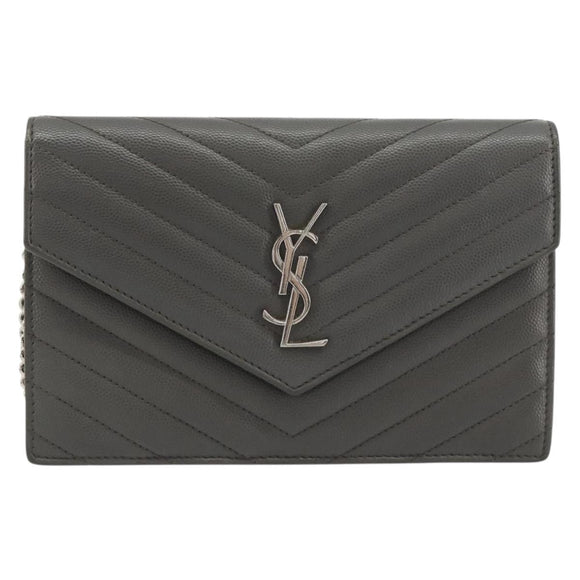 SAINT LAURENT Cassandra Chain Shoulder Wallet Leather Gray Silver Auth ka5813V