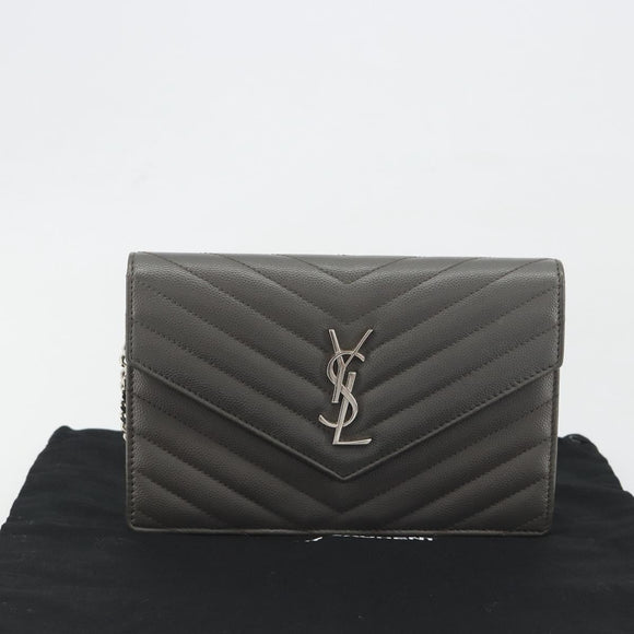 SAINT LAURENT Cassandra Chain Shoulder Wallet Leather Gray Silver Auth ka5813V