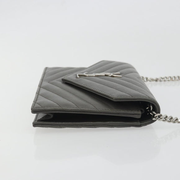 SAINT LAURENT Cassandra Chain Shoulder Wallet Leather Gray Silver Auth ka5813V