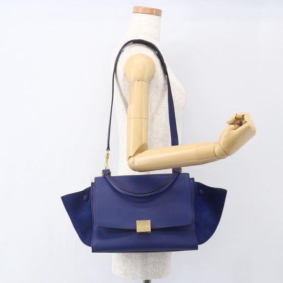 CELINE Trapeze Hand Bag Leather 2way Blue Gold Auth ka584