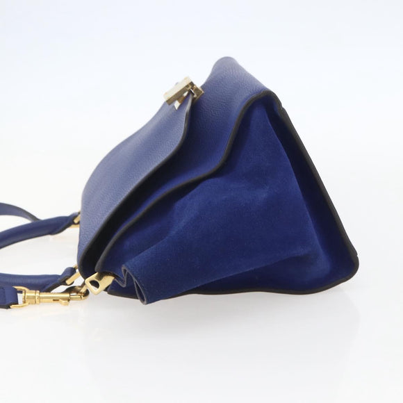 CELINE Trapeze Hand Bag Leather 2way Blue Gold Auth ka584